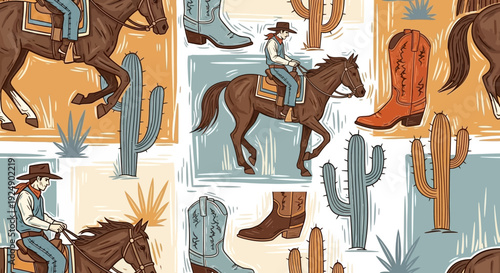 Seamless Western Pattern with Cowboys, Horses, Cacti, and Boots in Vintage Style