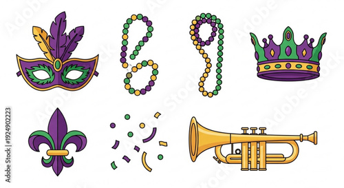 Mardi gras festive icons set including mask beads crown trumpet and fleur de lis on white background