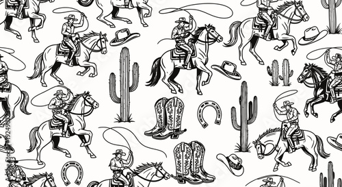 Vintage Western Cowboy and Horse Seamless Pattern with Boots and Cacti