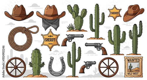 Wild West Cowboy Elements: Hats, Guns, Cacti, and Sheriff Badges on White Background