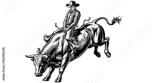 Vintage Illustration of a Cowboy Riding a Bucking Bull in a Rodeo Arena