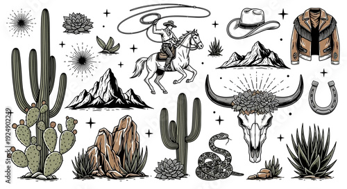 Western Cowboy Desert Scene Icons: Cacti, Mountains, Bull Skull, and Horseback Rider