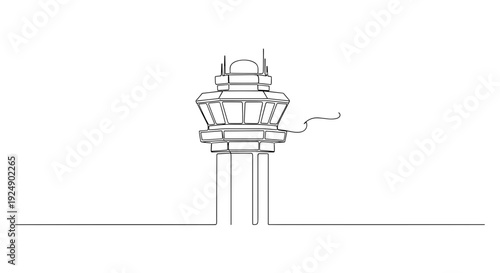 Line art airport control tower in minimal monochrome style