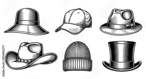 Collection of Six Vintage Hand-Drawn Hats and Headwear on White Background