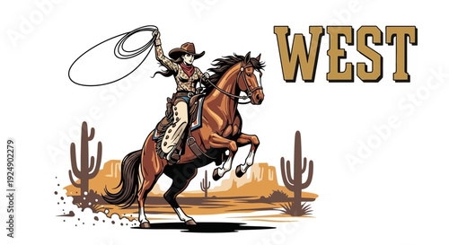 Cowgirl Riding Horse with Lasso in Desert Landscape, Western Theme Illustration