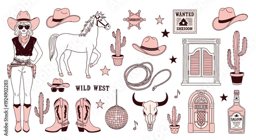 Wild West Cowboy and Cowgirl Illustration with Horse, Cactus, and Saloon Elements