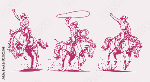 Rodeo Cowboys with Lasso and Roping Horse on Pink Background Art