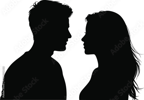Black silhouette illustration of two individuals facing each other, direct eye contact, human connection, communication, relationship, interaction, minimalistic design, vector art