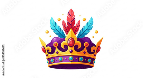 Vibrant crown with feathers and jewels on white background symbolizing royalty and power