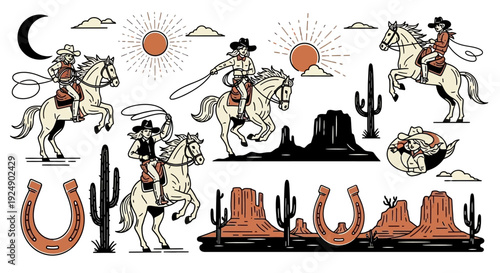 Western Cowboy and Cowgirl Horse Riding with Lasso, Cacti, and Desert Landscape