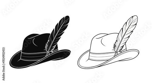 Traditional Bavarian Hat with Feather and Outline Version