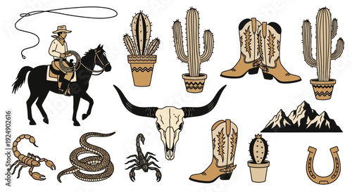 Wild West Cowboy and Desert Elements Collection: Horse, Cactus, Boots, Skull, Horseshoe