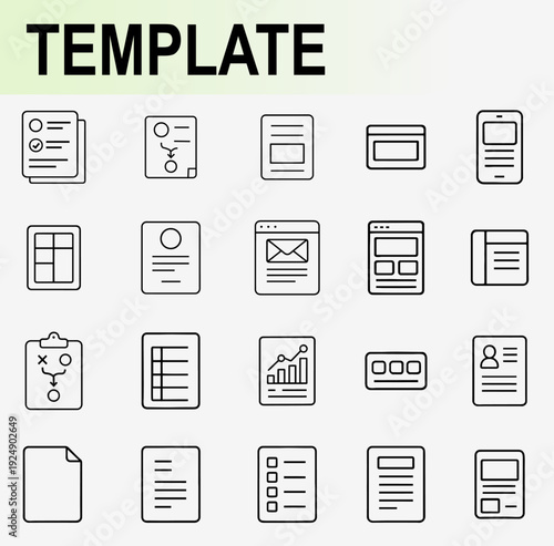 Business layout and digital document template icons set, outline symbols for website wireframe email marketing resume and corporate reporting vector illustration