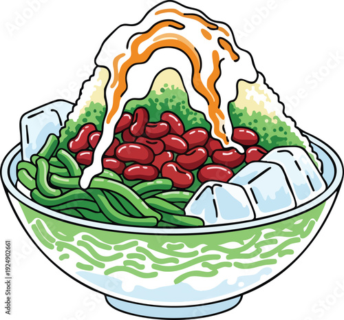 Delicious Cendol Dessert with Red Beans and Coconut Milk.