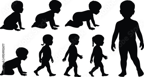 Black silhouette illustration showing child growth stages, from sitting baby to crawling, standing toddler, and walking child, symbolizing development, parenting, education