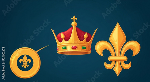 Golden royal crown and fleur de lis symbols on dark blue background representing luxury nobility and heraldry