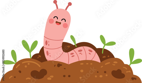 Cute Worm Cartoon Icon Set Big Eyes, Smiles, and Garden Fun