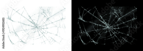 Cracked glass shattered screen on white and black backgrounds