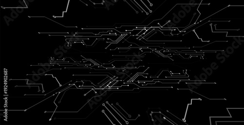 Abstract vector illustration of a futuristic circuit board. Hightech digital background with electronic pathways and data connection points on a black field.