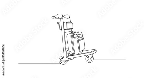 Line art airport luggage trolley with suitcase and bag