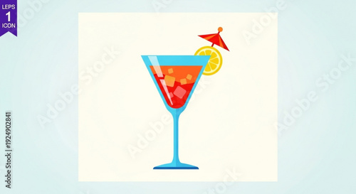Colorful cocktail with ice cubes and lemon slice in a martini glass on a white background