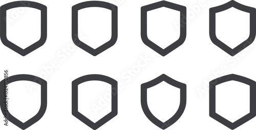 A set of eight blank black shield icons on a white background