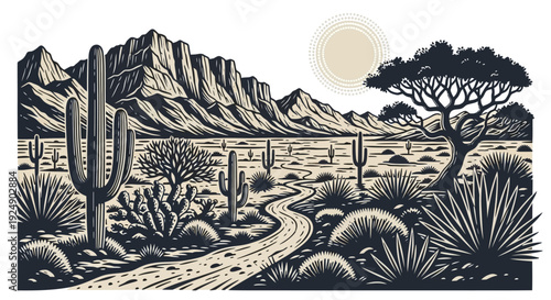 Desert Landscape with Mountains, Cacti, and a Winding Path Under the Sun