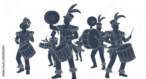 Silhouette of five people dressed in traditional costumes playing drums and dancing with feathers on their hats in a lively performance