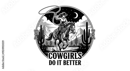 Cowgirls Do It Better Western Retro Style Emblem with Horse and Lasso