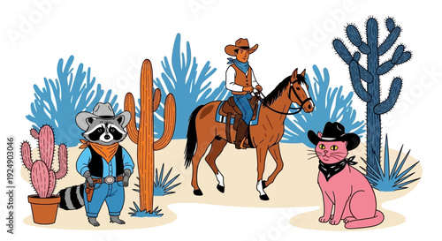Cowboy Animals in Desert Landscape with Cacti and Desert Plants