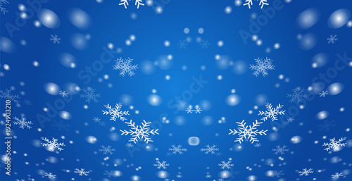 Falling white snowflakes and soft bokeh lights on a deep blue gradient background. A festive vector illustration for winter, Christmas, or holiday themes.