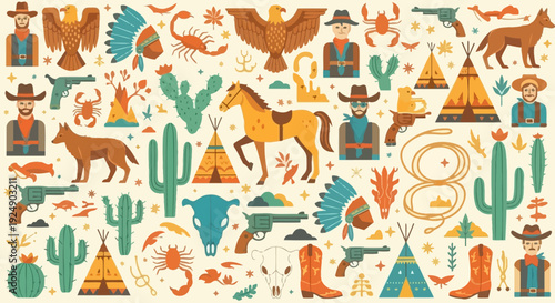 Wild West Vector Icons: Cowboys, Horses, Cacti, and Native American Elements