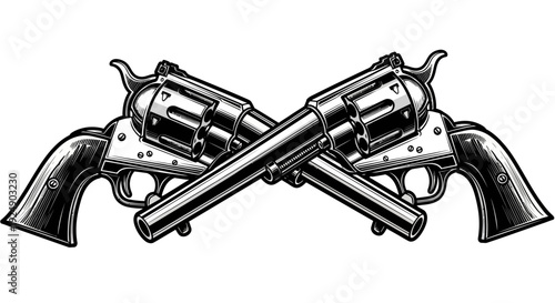 Vintage Crossed Revolver Pistols in Black and White Illustration Style