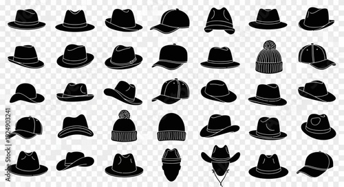 Collection of various black hats and beanies for men and women isolated on white