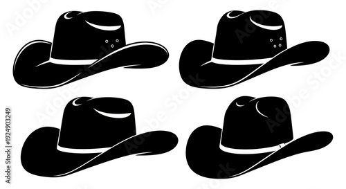 Set of Four Black Cowboy Hats with White Bands, Vector Illustration