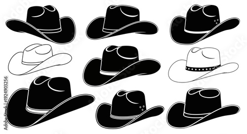 Collection of Black and White Cowboy Hats on a White Background