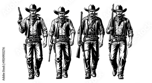 Four Cowboys Walking Towards Camera with Guns, Western Style