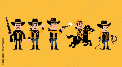 Diverse Cartoon Cowboys in Western Outfits with Horse, Gun, and Lasso