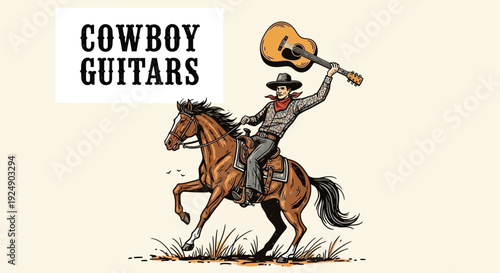 Cowboy Riding Horse with Guitar Raised High in the Air, Wild West Themed