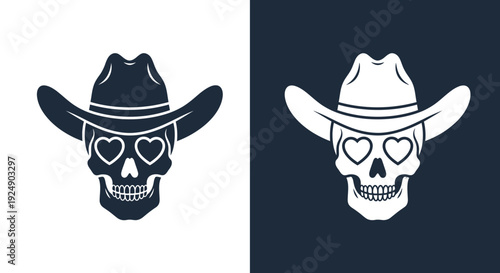 Skull with Cowboy Hat and Heart Eyes, Symbolizing Love and Western Culture