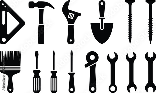 Black silhouette vector illustrations of construction and repair hand tools for DIY, carpentry, engineering, and industrial design themes.
