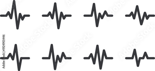 A collection of black and white ECG heartbeat line icons on a plain background