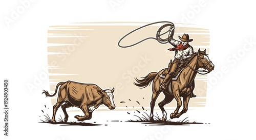 Cowboy on Horseback Lassoing a Raging Calf in a Dusty Western Landscape Illustration