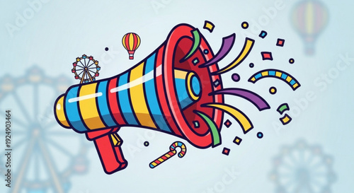 Colorful megaphone with confetti and carnival attractions in background for announcement and celebration