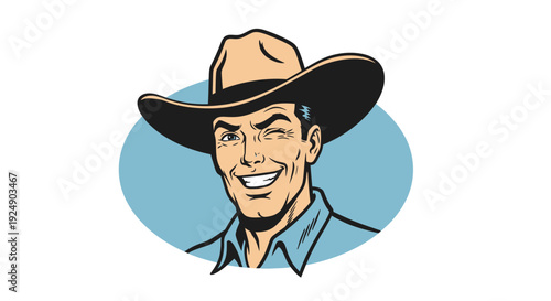 Winking Cowboy with Stetson Hat in Oval Shape Against Blue Background, Pop Art Style