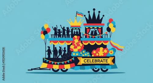 Vibrant celebration float with people balloons and crown symbolizing joy and festivity in a colorful parade scene
