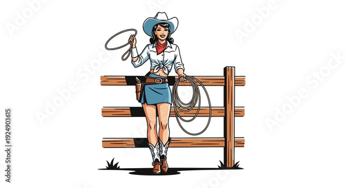 Cowgirl in Western Attire with Lasso Posing by a Wooden Fence on White Background