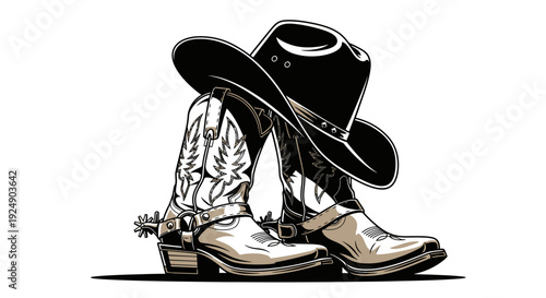 Iconic Cowboy Hat and Boots with Spurs, Classic Western Wear Illustration