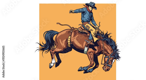 Cowboy Riding Bucking Bronco Horse in Rodeo, Western Lifestyle Illustration