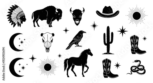 Tribal and Western Icons: Buffalo, Cactus, Moon, Horse, Boots, Skull and Stars